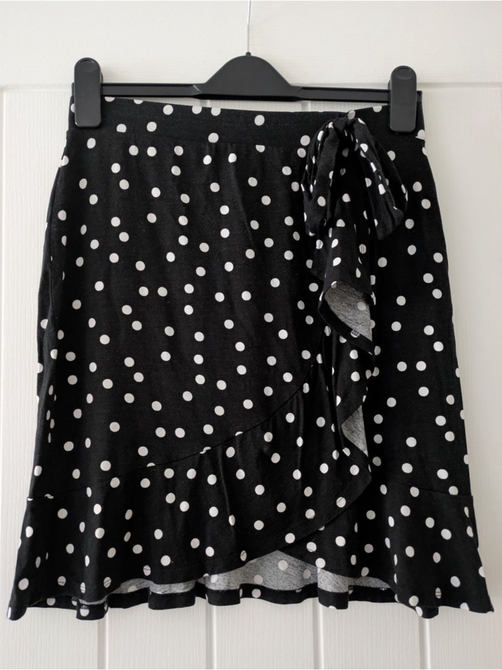 ASOS Black and White Polka Dot Ruffle Faux Wrap Mini Skirt